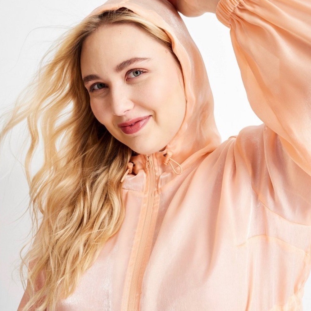 Future Collective - Peach Cinched Waist Hooded Parka Organza Jacket - Picture 4 of 14
